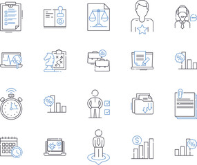Data Analytics outline icons collection. Data, Analytics, Science, Insight, Processing, Modeling, Visualization vector and illustration concept set. Exploration, Mining, Statistical linear signs