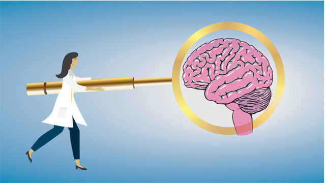 Woman with big magnifying glass examine the brain. Dimension 16:9. Vector illustration. You can find other organs with same design in portfolio. People have different orgins and sex.