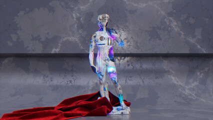 A digital sculpture of David is hidden under a red velvet cover. Neon glitch. A mixture of antique and modern style.