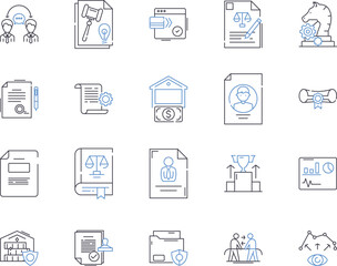 Legal management outline icons collection. Law, Management, Litigation, Compliance, Risk, Dispute, Regulations vector and illustration concept set. Solicitors, Hearings, Contracts linear signs