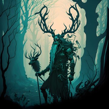 Create an image of Cernunnos the horned god of the forest standing at the edge of a misty woodland with his stag companion by his side He is holding a gnarled staff adorned with a skull and his eyes 