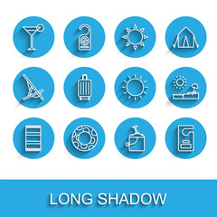 Fototapeta premium Set line Beach towel, Rubber swimming ring, Martini glass, Sand bucket with shovel, Please do not disturb, Suitcase, umbrella chair and Sun icon. Vector