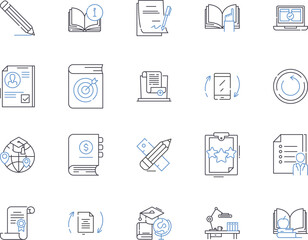Stationery outline icons collection. Pen, Paper, Notebook, Pencil, Eraser, Crayon, Ruler vector and illustration concept set. Stapler, Scissors, Glue linear signs