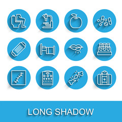 Set line Scar with suture, Eye test chart, Constipation, Human broken bone, First aid kit, Hospital bed, Test tube blood and Herpes lip icon. Vector