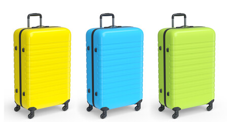 Set of luggage with beach accessories for summer holidays on white background.
