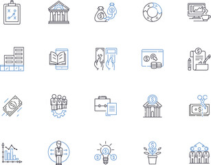 Business and finance outline icons collection. Finance, Business, Investment, Banking, Accounting, Management, Capital vector and illustration concept set. Economics, Stock, Wealth linear signs