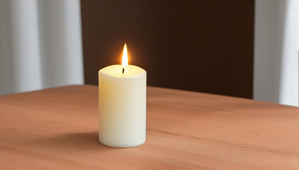 Obraz na płótnie Canvas A burning white candle on a wooden table. A burning romantic candle. International Candlelight Day. Generated AI.