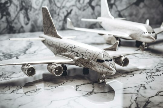 Abstract image of gray airplanes on marble background. Travel and landing page concept. 3D Rendering. Generative AI