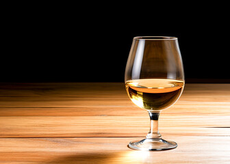 Wineglass of white wine on a wooden table in a restaurant