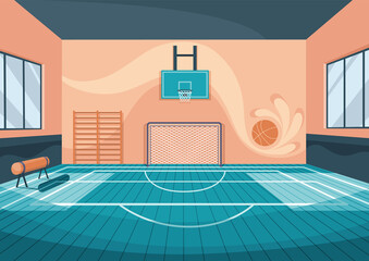 School basketball court. Cartoon gym with basketball basket and football goal or gymnastic equipment. Comfortable playground for playing active games and training. Flat style  illustration