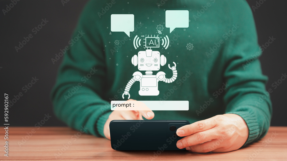 Poster Young man using technology smart robot Ai, artificial intelligence by enter prompt for generates something that we want, Futuristic technology transformation. Ai Chatbot, Artificial Intelligence.