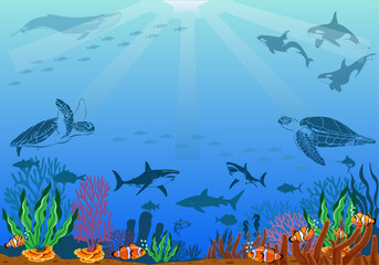 Underwater scene with coral reefs and exotic fish.vector hand drawn sea turtle life elements