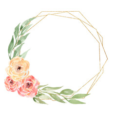 Watercolor pink and yellow rose flowers and greenery bouquet wreath. garden florals frame illustration, delicate florals arrangement