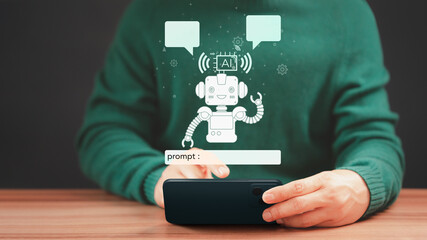 Young man using technology smart robot Ai, artificial intelligence by enter prompt for generates something that we want, Futuristic technology transformation. Ai Chatbot, Artificial Intelligence.