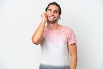 Caucasian handsome man isolated on white background laughing