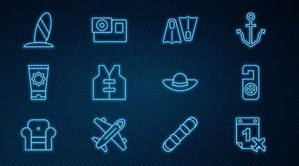 Set line Calendar and airplane, Please do not disturb, Rubber flippers for swimming, Life jacket, Sunscreen cream tube, Surfboard, Elegant women hat and Action camera icon. Vector