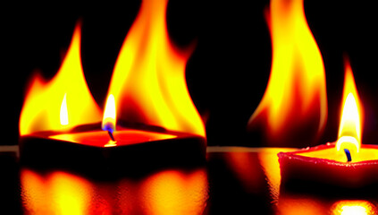 Square shaped tea candles on the table in a romantic setting. Flame close-up. Burning romantic candles. International Candlelight Day. Generated AI.