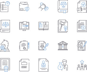 Fototapeta premium Legal business outline icons collection. Law, Business, Legal, Corporate, Contract, Litigation, Agreement vector and illustration concept set. Compliance, Regulations, Statutes linear signs