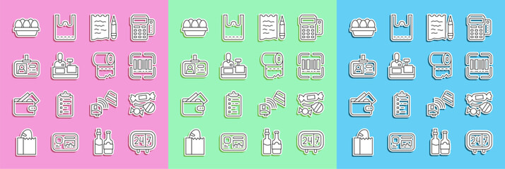 Set line Clock 24 hours, Candy, Scanner scanning bar code, Shopping list pencil, Cashier at cash register, Identification badge, Chicken egg box and Toilet paper roll icon. Vector