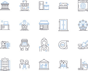 Housekeeping outline icons collection. cleaning, laundry, dusting, vacuuming, mopping, scrubbing, tidying vector and illustration concept set. organizing, polishing, sweeping linear signs