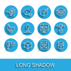Set line 3D scanner with cube, Isometric, printer warning, Geometric figure Cube, Layers, model, and software icon. Vector