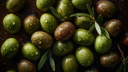 Fresh Olive Seamless Background with Glistening Droplets - Hasselblad Shot, Pro Color Grading, Soft Shadows, and High-End Retouching. Generative AI.