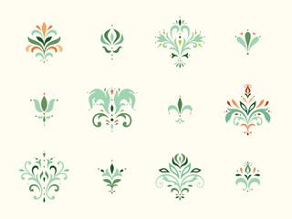 Damask graphic elements. Oriental floral ornament. Imperial rococo, baroque and royal victorian designs. For seamless patterns, wrapping paper, wallpaper, wedding invitations, textile, t-shirt prints. - obrazy, fototapety, plakaty