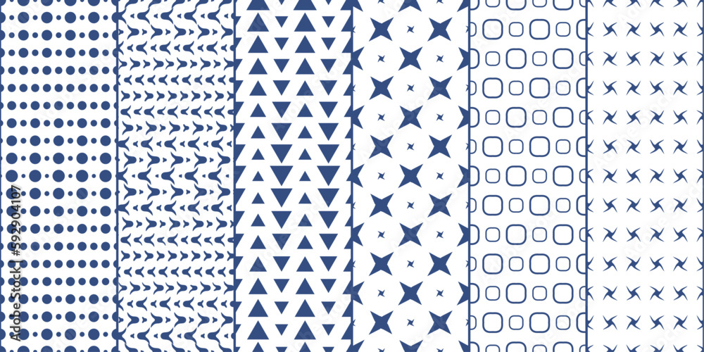 Poster Set of six simple blue patterns. Set of polka dots and triangles, octagrams. Vector print for surface application, can be seamless.