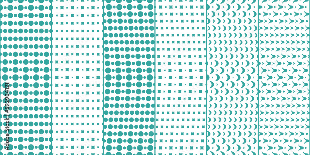 Poster Set of six simple azure patterns. Set of circles and squares, unusual wavy shapes. Vector print for surface application, can be seamless.