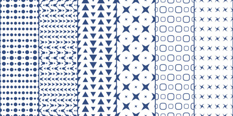 Set of six simple blue patterns. Set of polka dots and triangles, octagrams. Vector print for surface application, can be seamless.