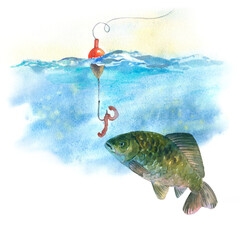 watercolor illustration, Carp, carp swims up to a fishing hook with bait underwater, isolated on a white background. Fishing bobber and hook with worm, fishing line. © Brelena