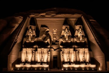 Statue of Pharaoh Ramses II in front of The Great Temple of Ramses II in Abu Simbel in the night. Generative AI - obrazy, fototapety, plakaty