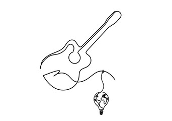 Abstract guitar with light bulb as continuous lines drawing on white background