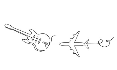 Abstract guitar with plane as continuous lines drawing on white background