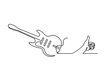 Abstract guitar with hand as continuous lines drawing on white background