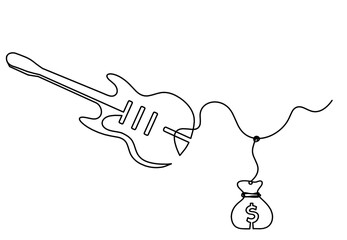 Abstract guitar with dollar as continuous lines drawing on white background
