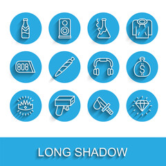 Set line King crown, Money gun, Beer bottle, Bloody knife, Diamond, Marijuana joint, spliff, bag and Headphones icon. Vector
