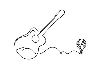 Abstract guitar with light bulb as continuous lines drawing on white background