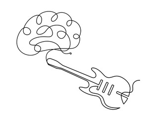 Abstract guitar with brain as continuous lines drawing on white background