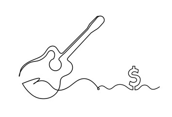 Abstract guitar with dollar as continuous lines drawing on white background