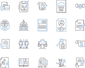 International law outline icons collection. International, law, treaties, sovereignty, nationality, jurisdiction, boundaries vector and illustration concept set. trade, maritime, arbitration linear