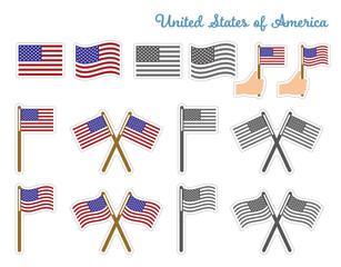 アメリカ国旗（星条旗）のイラストセット（アイコン風、背景透過）