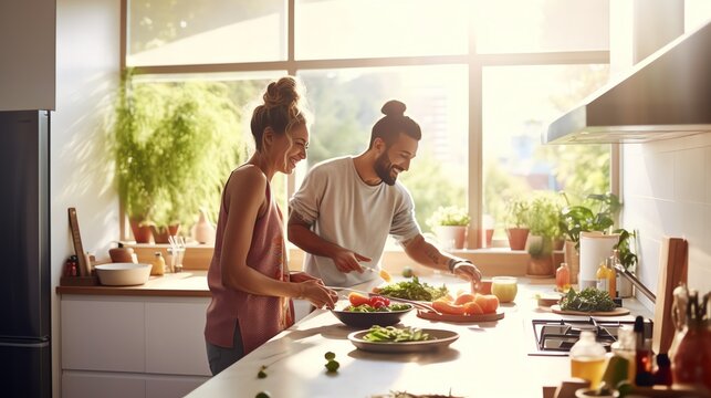 Happy couple cooking in modern kitchen