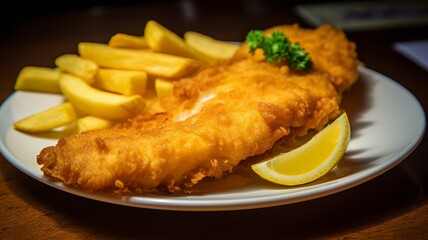 Crispy Delight - A plate of fish and chips, with perfectly crispy batter and soft, fluffy fries