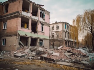 Fototapeta na wymiar Destroyed building in the city war zone