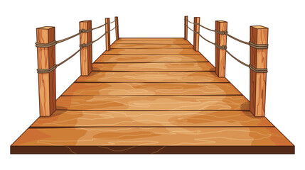 Wooden bridge with rope handrails attached on the sides. Isometric set icon in flat design.  illustration