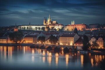 Fototapeta na wymiar Prague panorama with Charles Bridge and Prague Castle at background, Czech Republic. Generative AI