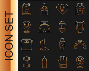 Set line Boxing glove, Mouth guard boxer, training paws, short, helmet, and Dumbbell icon. Vector