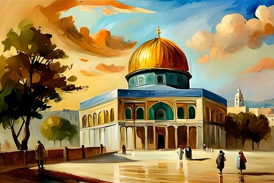 A painting of a building with a dome on the roof. Dome of the rock, Palestine. (ai generated)