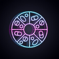 Glowing neon line Vitamin complex of pill capsule icon isolated on black background. Healthy lifestyle. Vector